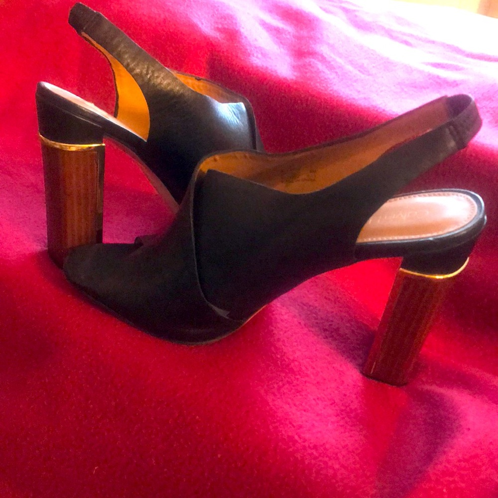 Calvin Klein black and gold trim open toe shoes